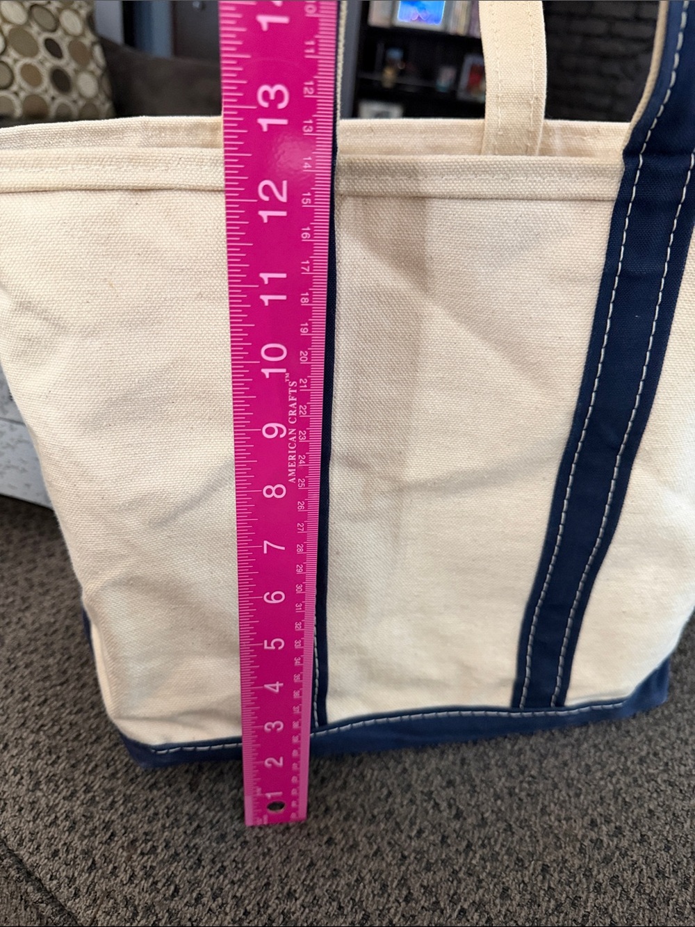 L.L. Bean Vtg Cream Canvas Tote with Navy Handles and Kellogg's Patch sack Em up - Picture 8 of 9